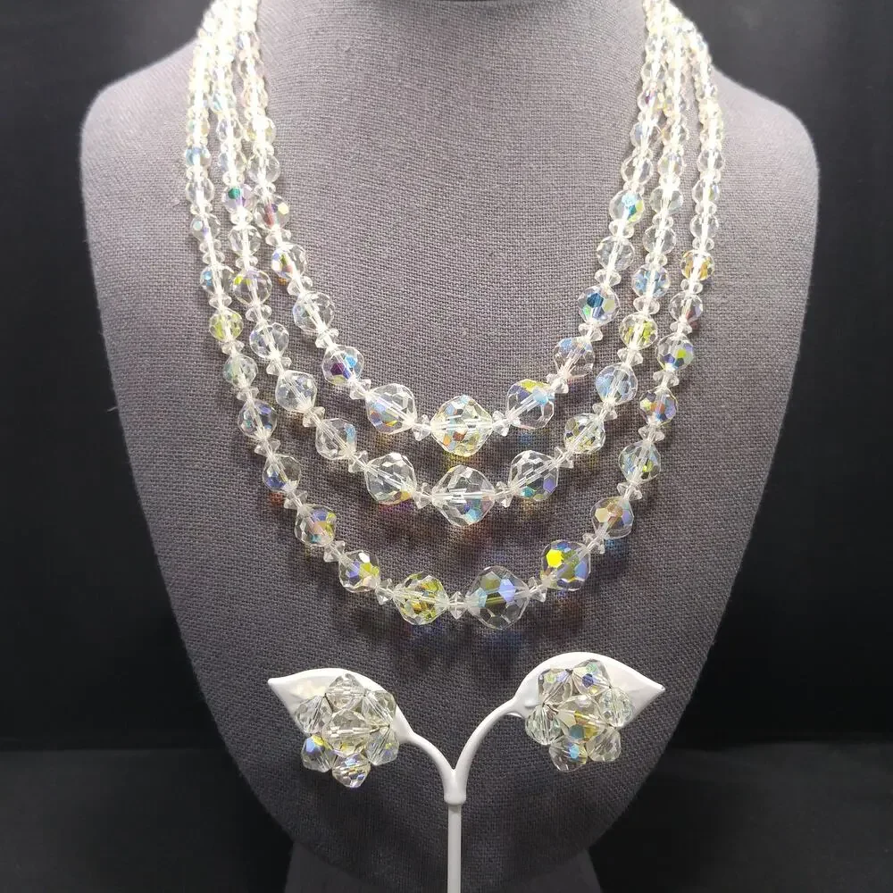 Vintage AB Crystal Necklace Set 1950s Triple Strand Earrings